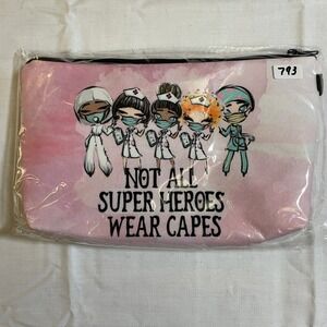 The Pouch Cosmetic Bag Womens OS Pink NWT Nurse Super Heroes Graphic Print